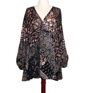 NEW‎ Metallic Paisley Plunging V-Neck Mini Dress, Black Multi, M, Bohemian Style